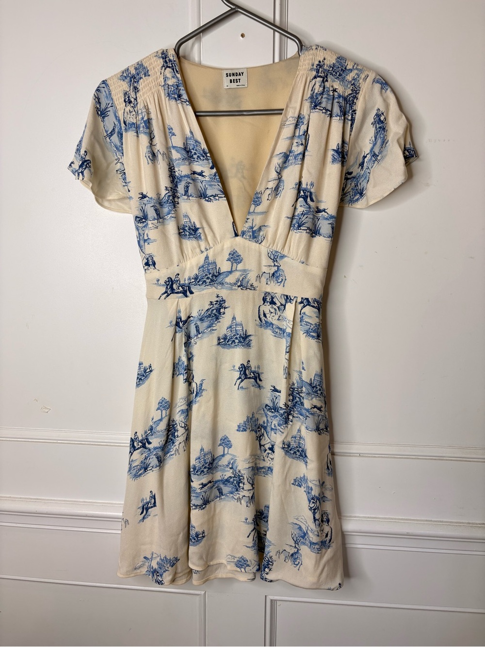 Sunday Best Cream Toile V-Neck Fit-and-Flare Mini Dress